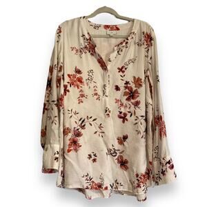 Womens JJill White Pink Floral Pullover Long Sleeve Tunic Viscose Blouse Size XL